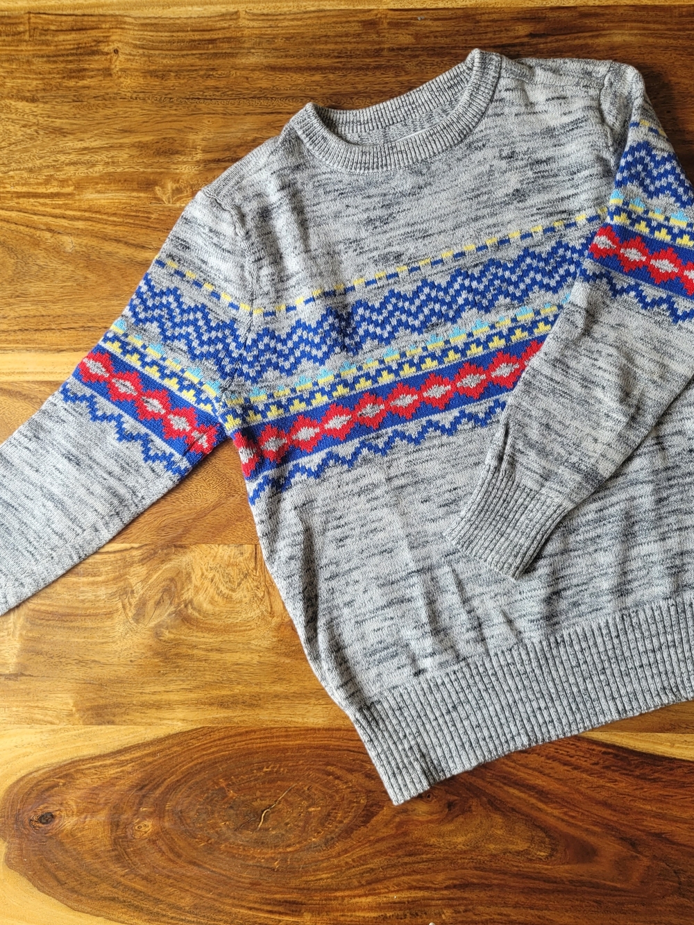 Cat & Jack Gray Crewneck Sweater with Blue, Red & Yellow Fair Isle Bands